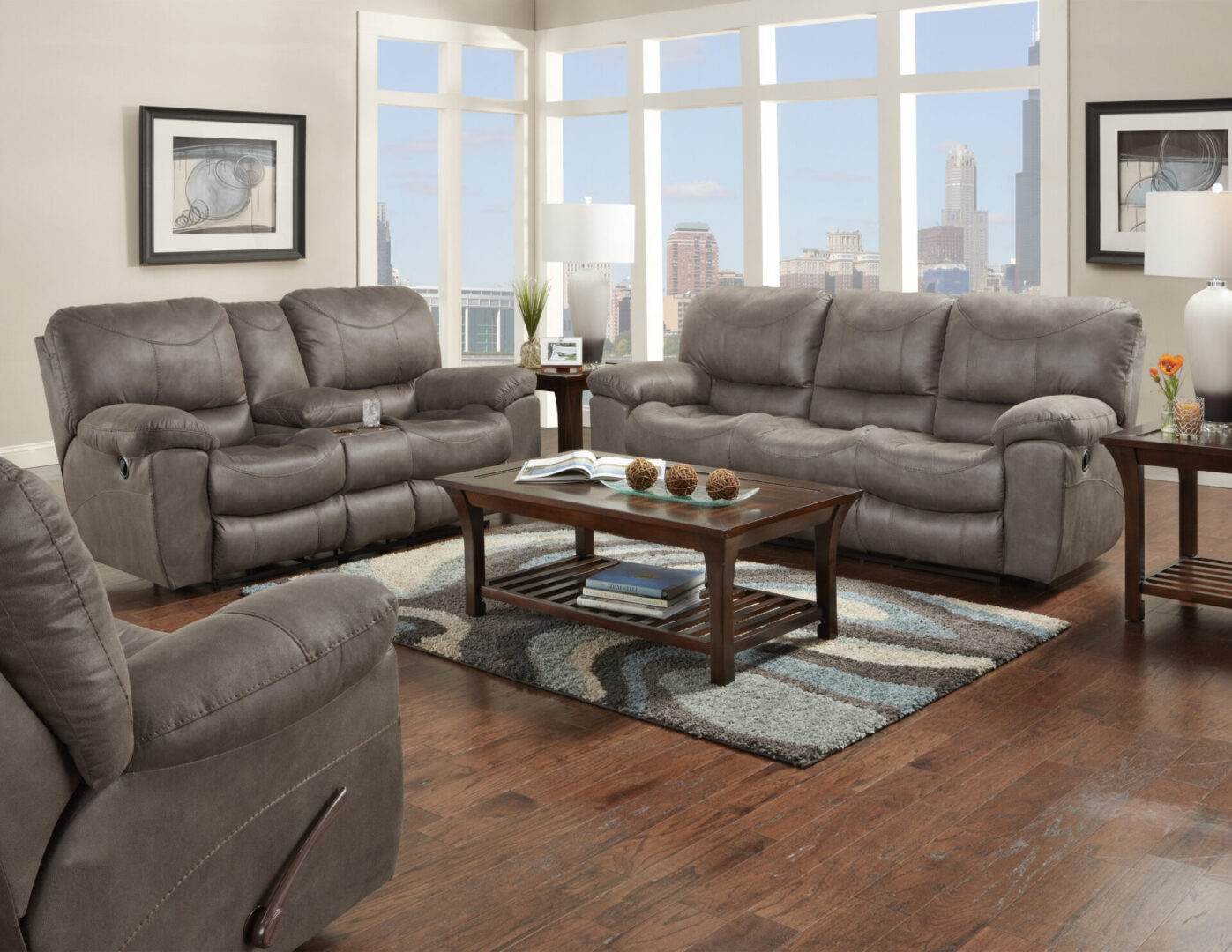 A living room with two couches and a table