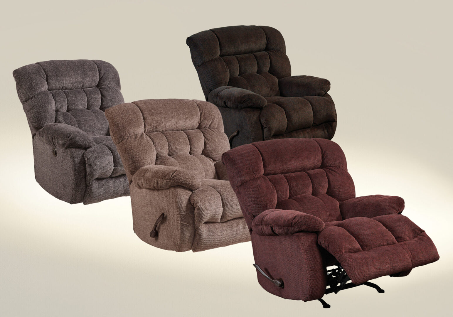 A group of four recliners in different colors.